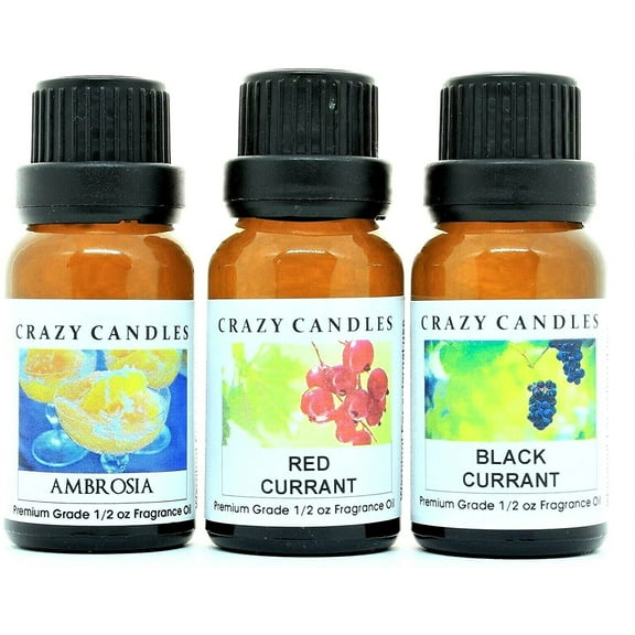 Crazy Candles 3 Bottles Set, 1 Ambrosia, 1 Red Currant, 1 Black Currant 1/2 Fl Oz Each (15ml) Premium Grade Scented Fragrance Oils