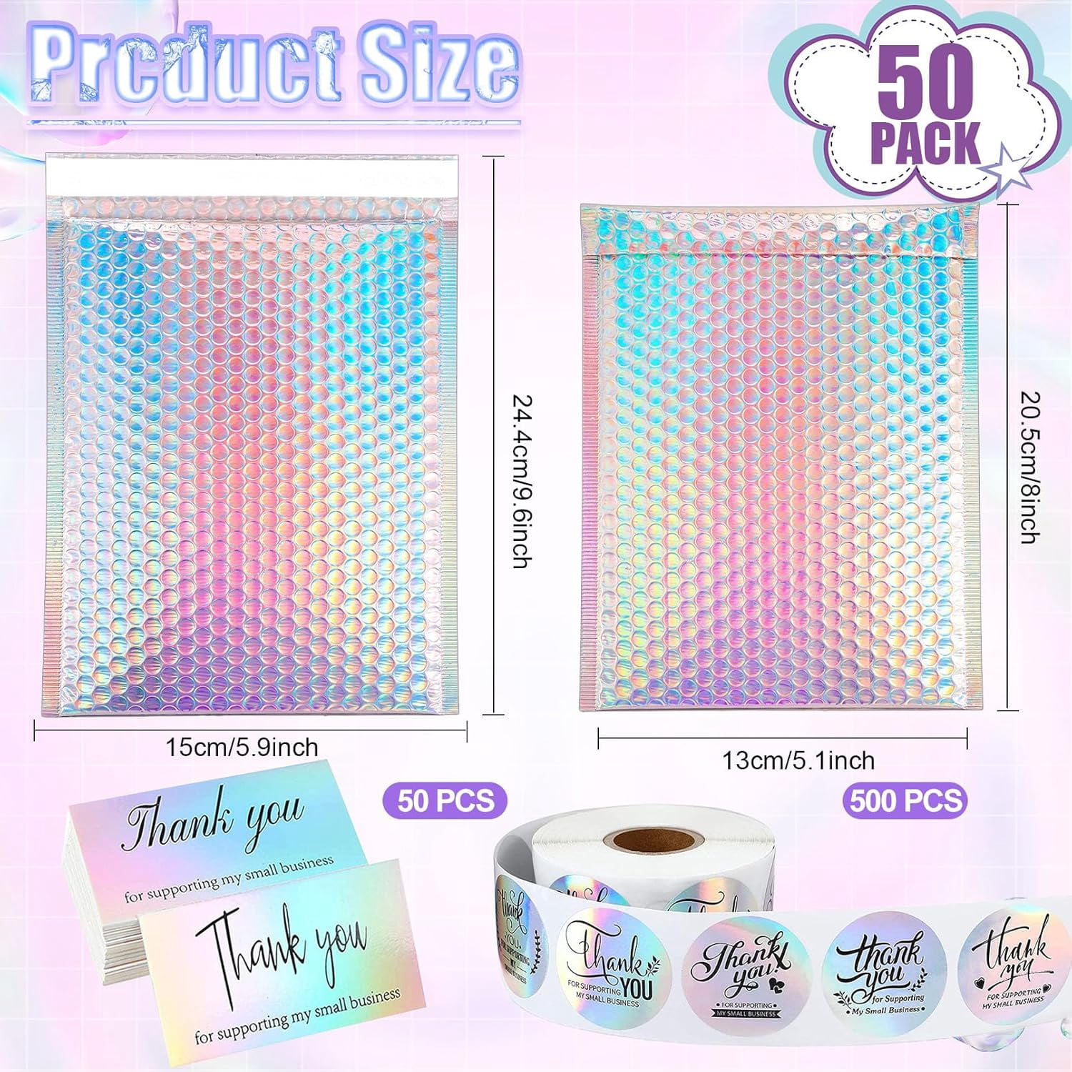 50 Pcs Metallic Bubble Mailers,Holographic Bubble Mailers 5.9 x 9.6 Inch,Self Seal Waterproof Shipping Bags,Poly Padded Envelopes for Mailing Packaging Small Business