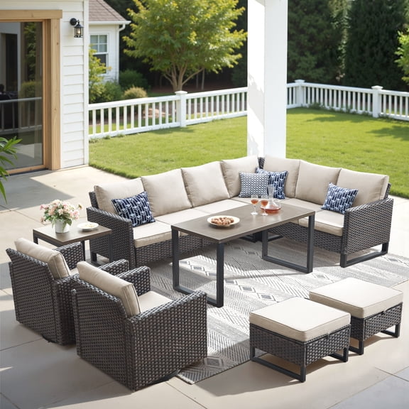 Unnifurnzi Outdoor Furniture-9 Pieces Outdoor Sectional Furniture with Outdoor Swivel Rocker Patio Chairs L Shaped Outdoor Couch with Ottoman Patio Furniture for Deck Balcony Garden-Brown/Beige