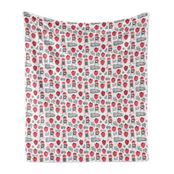 Childish Soft Flannel Fleece Blanket, Pattern of Girl in Strawberry Garden Farming Yummy Fruits Imagination, Cozy Plush for Indoor and Outdoor Use, 50" x 60", Dark Pink Charcoal Grey, by Ambesonne