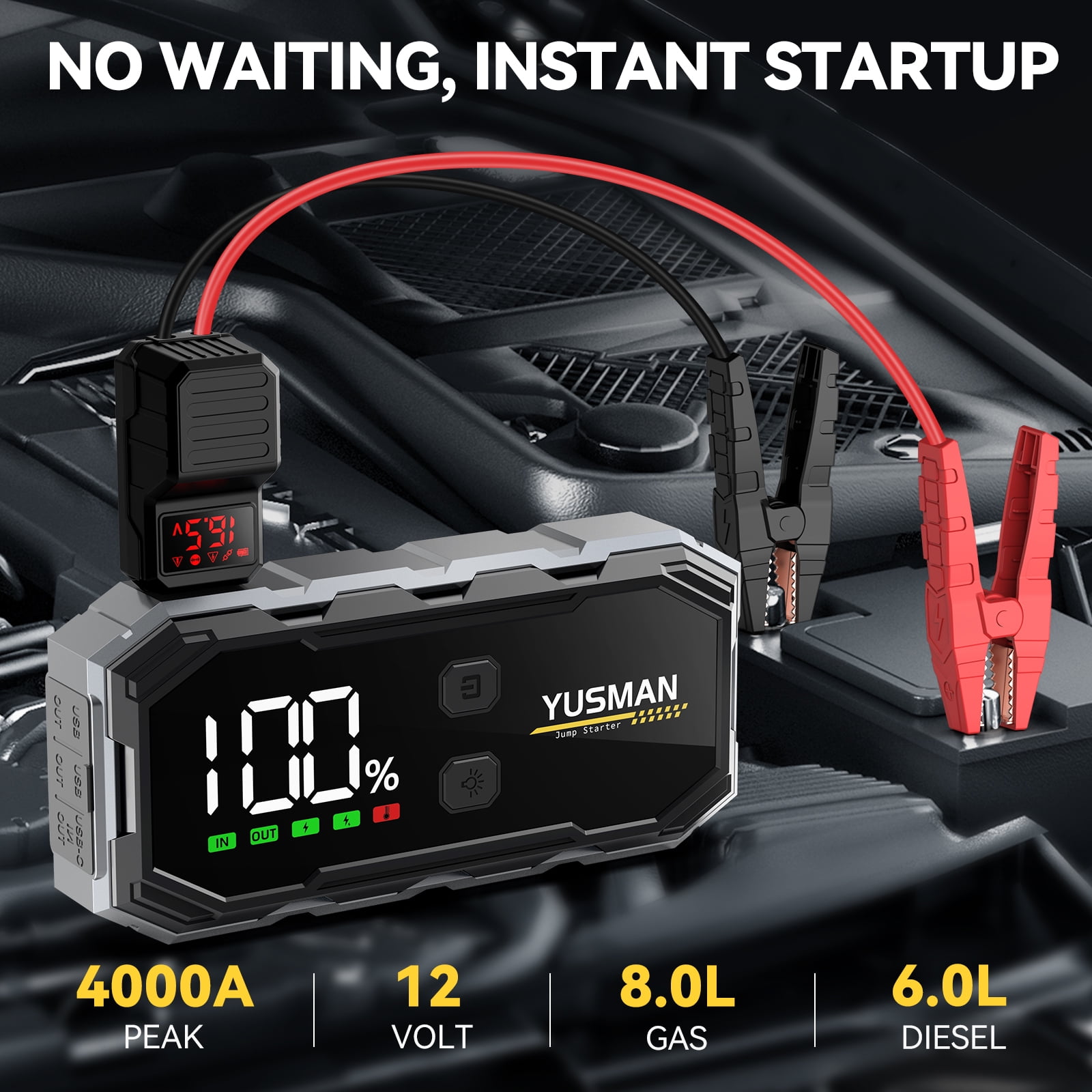 YUSMAN Car Jump Starter, 4000A 12V Jump Battery Pack (8.0 Gas/6.0L Diesel), Portable Jump Starter with Display, Smart Jumper Cables, Quick Charge 3.0, LED Light Emergency
