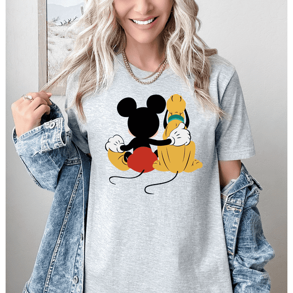 Moonlight Apparel Women's Mickey Pluto Hug T-Shirt Cute Cartoon Best Friends Graphic Tee Classic Character Shirt Disney Inspired Top Nostalgic Summer Outfit Short Sleeve Cotton Blend Tee