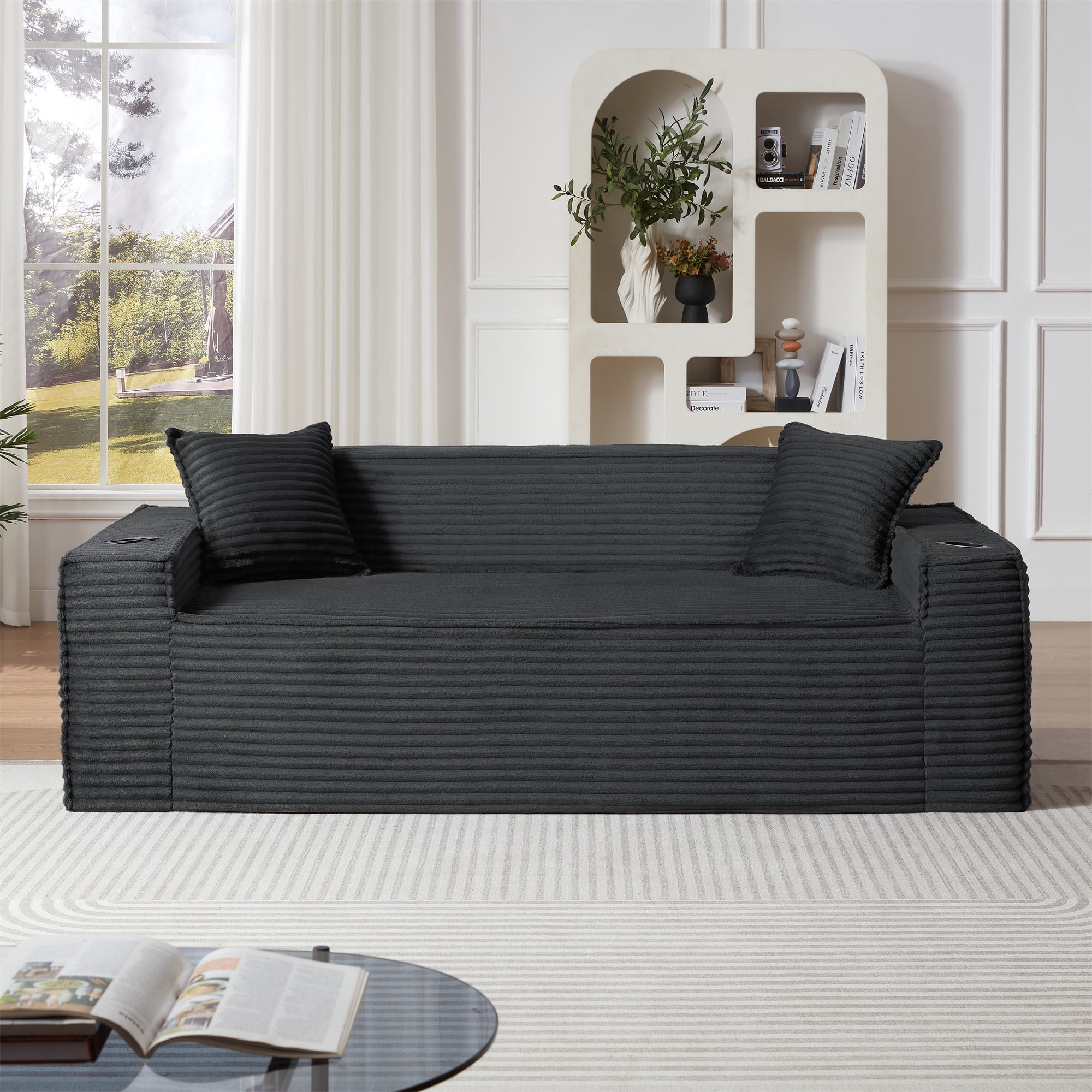 Aukfa 3 Piece Sofa Set - 81" 3 Seat Boneless Couch with 2 Cup Holders&Side Pockets for Living Room, Gray