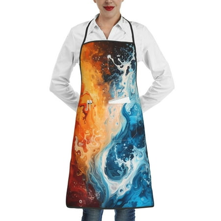

Pofeuu Red And Blue Waves Print Aprons with Pockets Cute Aprons for Kitchen Cooking Server Barber Chef Apron