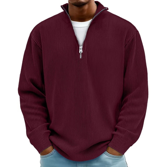 Pounoo Mens Tops Half Zip Ribbed Texture Long Sleeve Shirts Loose Fit Casual Daily Office Commute Comfortable Pullovers Gift
