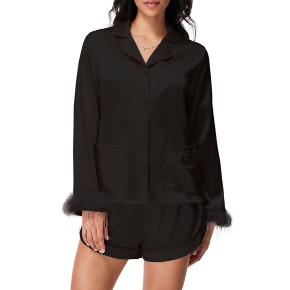 LMLYSoH Women's Satin Outfits Solid Color Lapel Long Sleeve Tops with Feather Cuffs Shorts Set Fashion Clothes