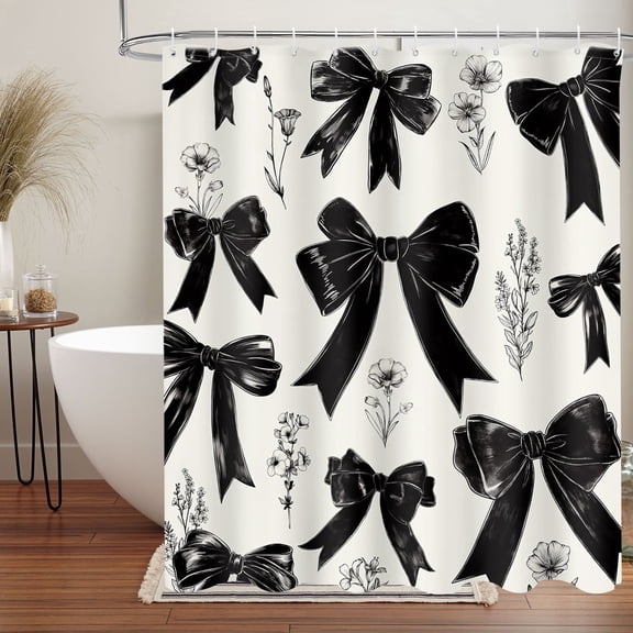 Black Bow Shower Curtain, Modern Aesthetic Fabric Bathroom Curtain, Festive Bathroom Shower Curtain, Home Decor Tapestry, Romantic Waterproof Curtain, Holiday Gift