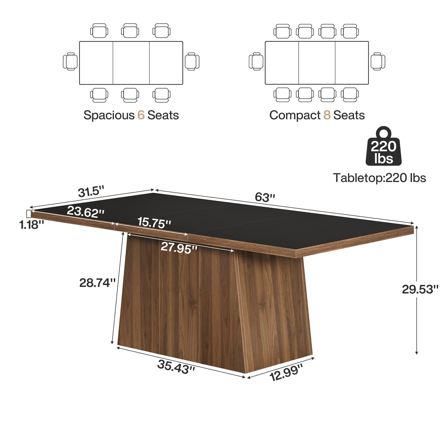 Demi Bonn 62" Rectangular Dining and Conference Table, Solid Wood Base Table for Living Room, Brown