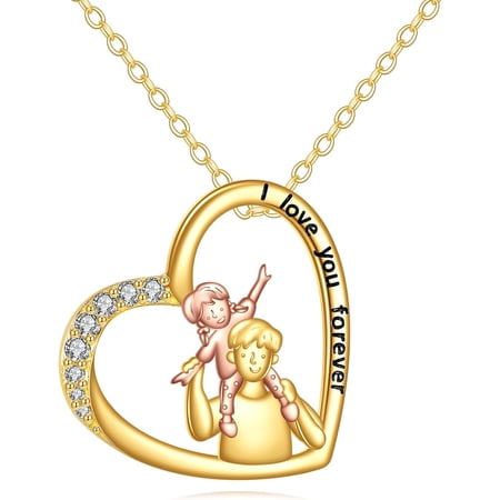 14K Real Gold Daughter and Father Necklace, Two Tone Solid Gold Heart Pendant Necklaces from Dad, I Love You Forever Jewelry Gifts for Daughter, 16"+2"