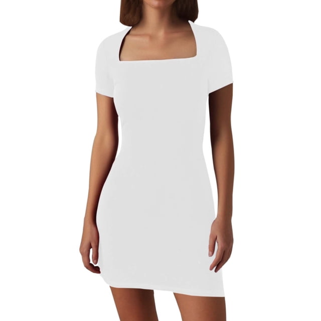 Vestido de mujer de color liso con cuello cuadrado y manga corta - Corte recto ajustado, estilo retro sexy para fiestas informales - Tallas S-XL