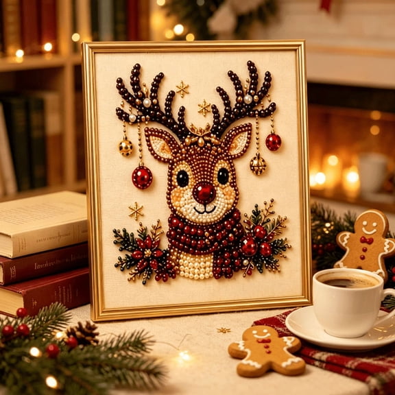 DIY Christmas Pearl Diamond Painting Art Kit, Beginner Friendly Symbol Matching Craft Kit for Winter Indoor Handmade Activities (Reindeer)