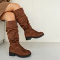 thumbnail image 4 of PFWOWB Girls Slouchy Knee-High Boots Faux Suede Pull-On Tall Boots with Low Block Heel (Brown,3.5), 4 of 5