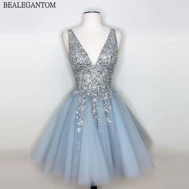 Bealegantom-Vestidos cortos de tul con cuello en V para fiesta de cóctel, corte en A, lentejuelas, cuentas de cristal, Mini vestido de graduación QA2327