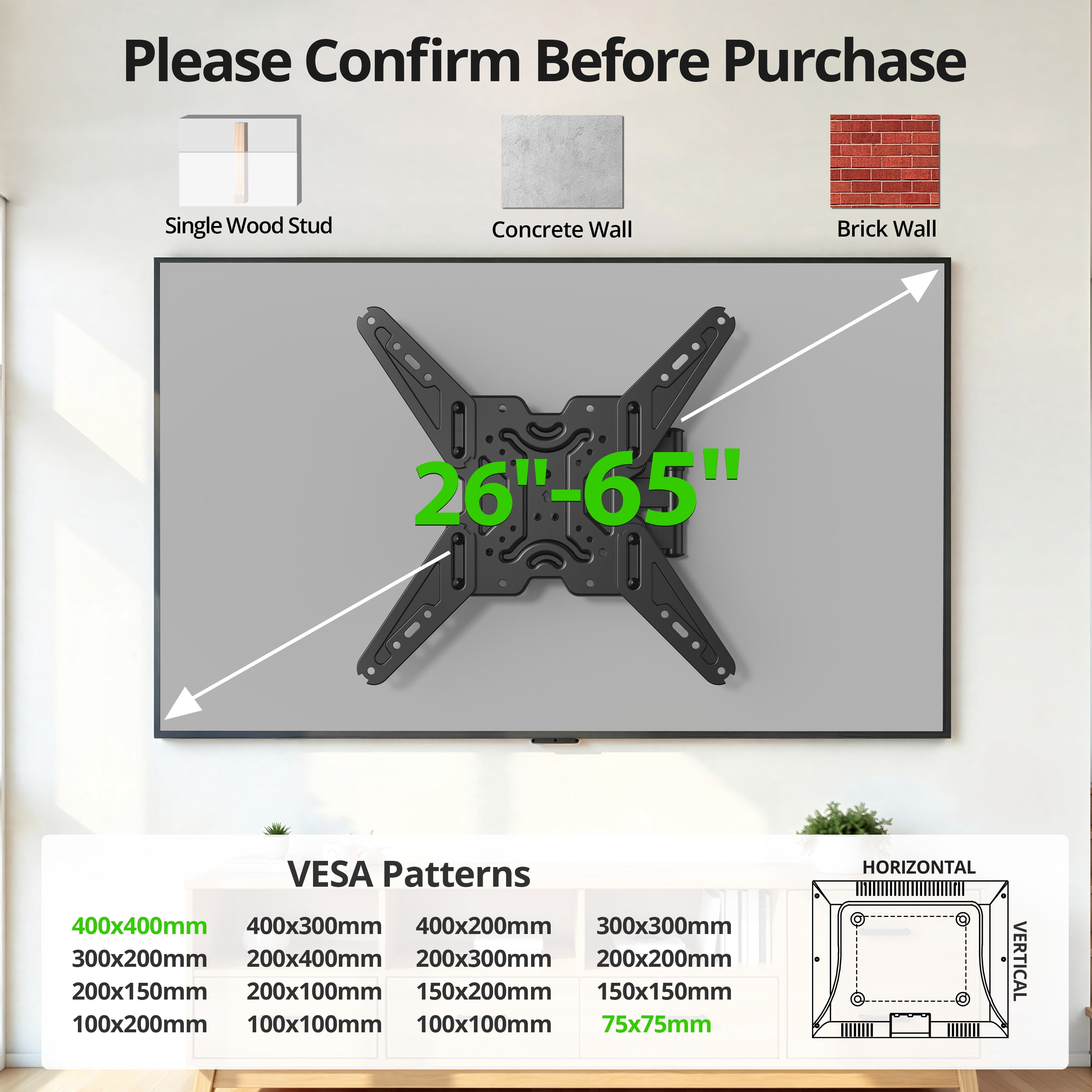 USX MOUNT Full Motion TV Wall Mount, Swivel Tilt Extension Articulating Arm for 26 to 65 Inch Flat Curved TV, Max VESA 400x400mm, Holds up to 77lbs, Fits Wood Stud Concrete Brick Walls