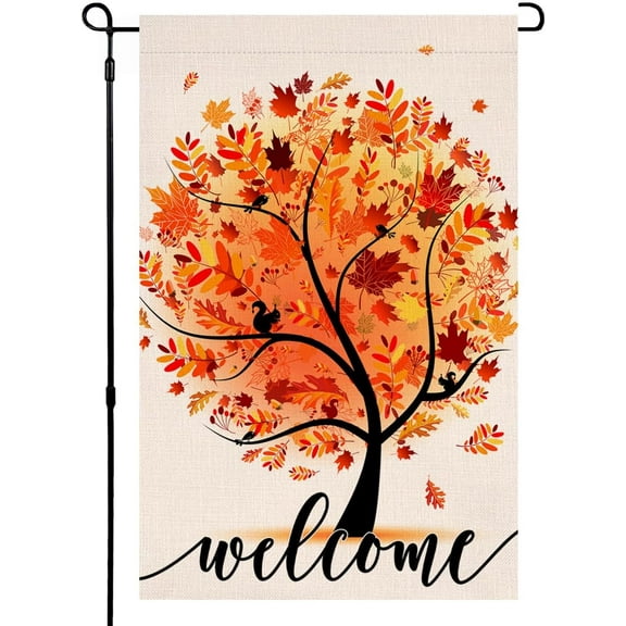 Shmbada Welcome Fall Tree Garden Flag 12x18 Vertical Double Sided Autumn Maple Leaves Thanksgiving Holiday Outside Decorations Burlap Yard Flag