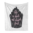 thumbnail image 1 of Eat Dessert First Soft Flannel Fleece Throw Blanket, Cursive Typography on Cupcake Silhouette with Dots, Cozy Plush for Indoor and Outdoor Use, 50" x 60", Charcoal Grey and Rose, by Ambesonne, 1 of 6