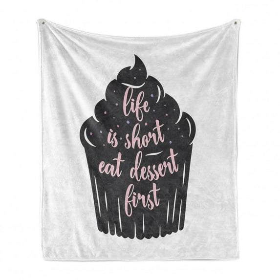 Eat Dessert First Soft Flannel Fleece Throw Blanket, Cursive Typography on Cupcake Silhouette with Dots, Cozy Plush for Indoor and Outdoor Use, 60" x 80", Charcoal Grey and Rose, by Ambesonne