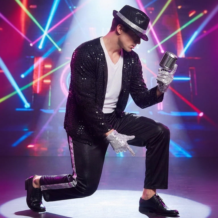 80s and 90s dress up Dakiuu Popstar 80s 90s Adult Dance Star Outfits for Men 1980s Retro Stage Performance Suit Clothes Set Sparkly Squin Jacket Pants Shirt Gloves Hat and