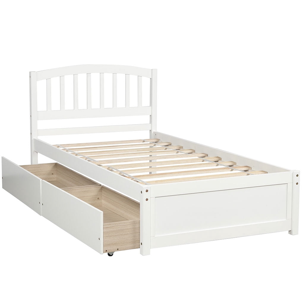 Home Twin Platform Storage Bed Wooden Slatted Bed Frame with 2 Drawers and Headboard White
