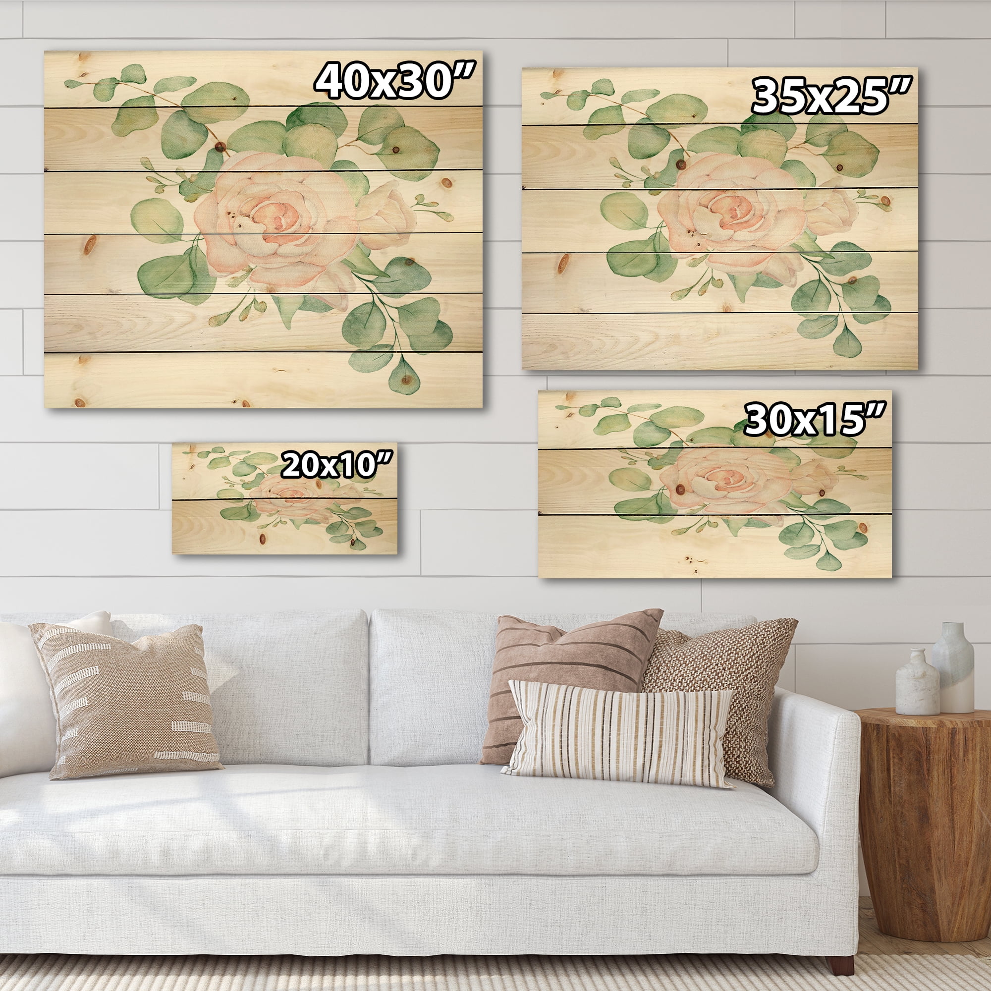 Designart 'Bouquet of Pink Roses Flowers and Eucalyptus Leaves' Traditional Print on Natural Pine Wood