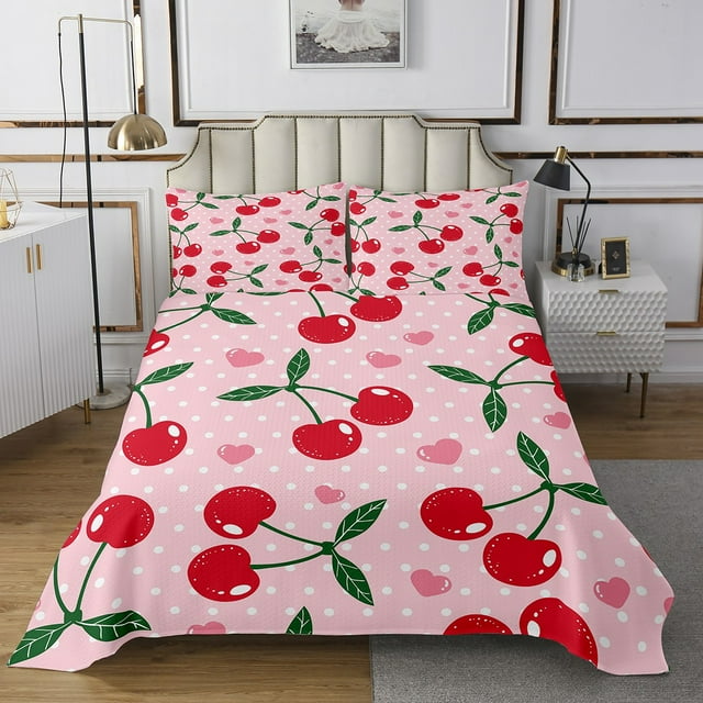 Erosebridal Cartoon Cherry Coverlet Set Twin, Fresh Fruit Bedding Set, Pink Heart Decor,