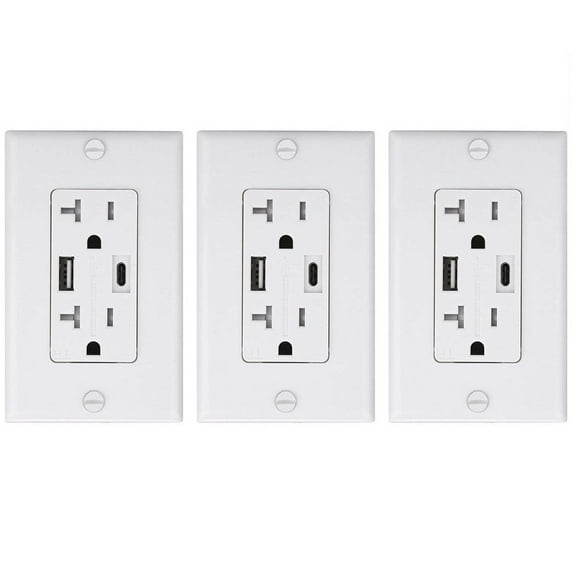 Teklectric 4.0A High Speed USB A/USB C Receptacle 20A Tamper Resistant Receptacle ETL Approved & Free Wall Plate, White (USB A/USB Type C 3 Pack)