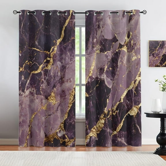 Luxury Dark Purple Curtains For Living Room Purple Gold Window Drapes, Modern Marble Thermal Curtain For Bedroom Summer Heat 42"W x 90"L (Pack of 2)