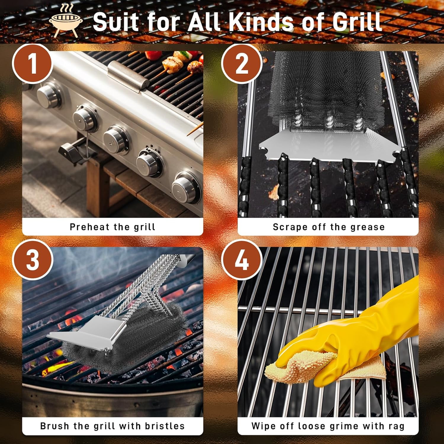 Grill Brush and Scraper 18 Inch Adjustable Handle BBQ Cleaning Brush with Bottle Opener Extra Strong Grill Cleaner for Gas and Charcoal Grill Grates Outdoor Grill Accessories