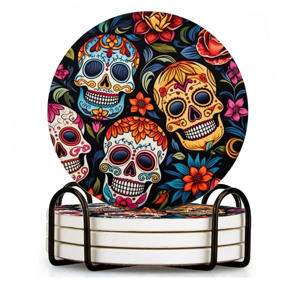 BaHomeck Drink Coasters Set of 4 with Holder Day of the Dead skull pattern with colorful floral designs Water Absorbent Ceramic Coasters Tabletop Protection,Suitable for Various Cup ,Home Decor