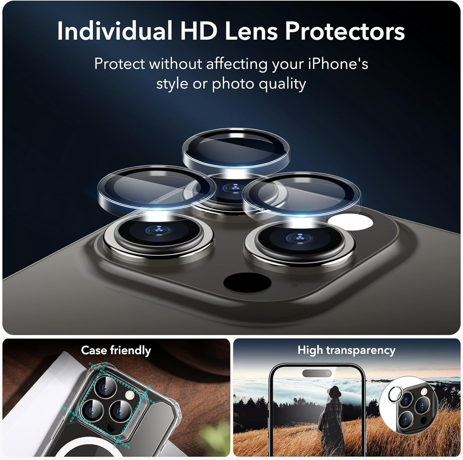 MHAWBL-3+2 Pack for iPhone 15 Pro Screen Protector, [9H Hardness] [Military Grade Shatterproof] Full Coverage Ultra-tough Tempered Glass Film with Easy Installation Frame, 2 Set of Camera Lens Protec