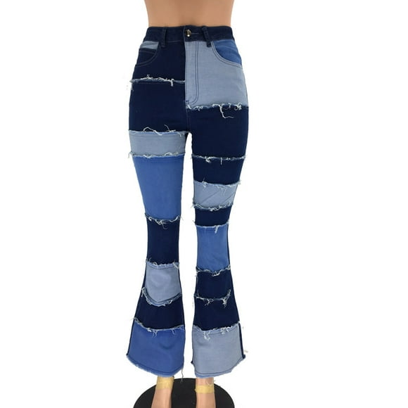 Women Jeans Patch Flare Bell Bottom Raw Hem