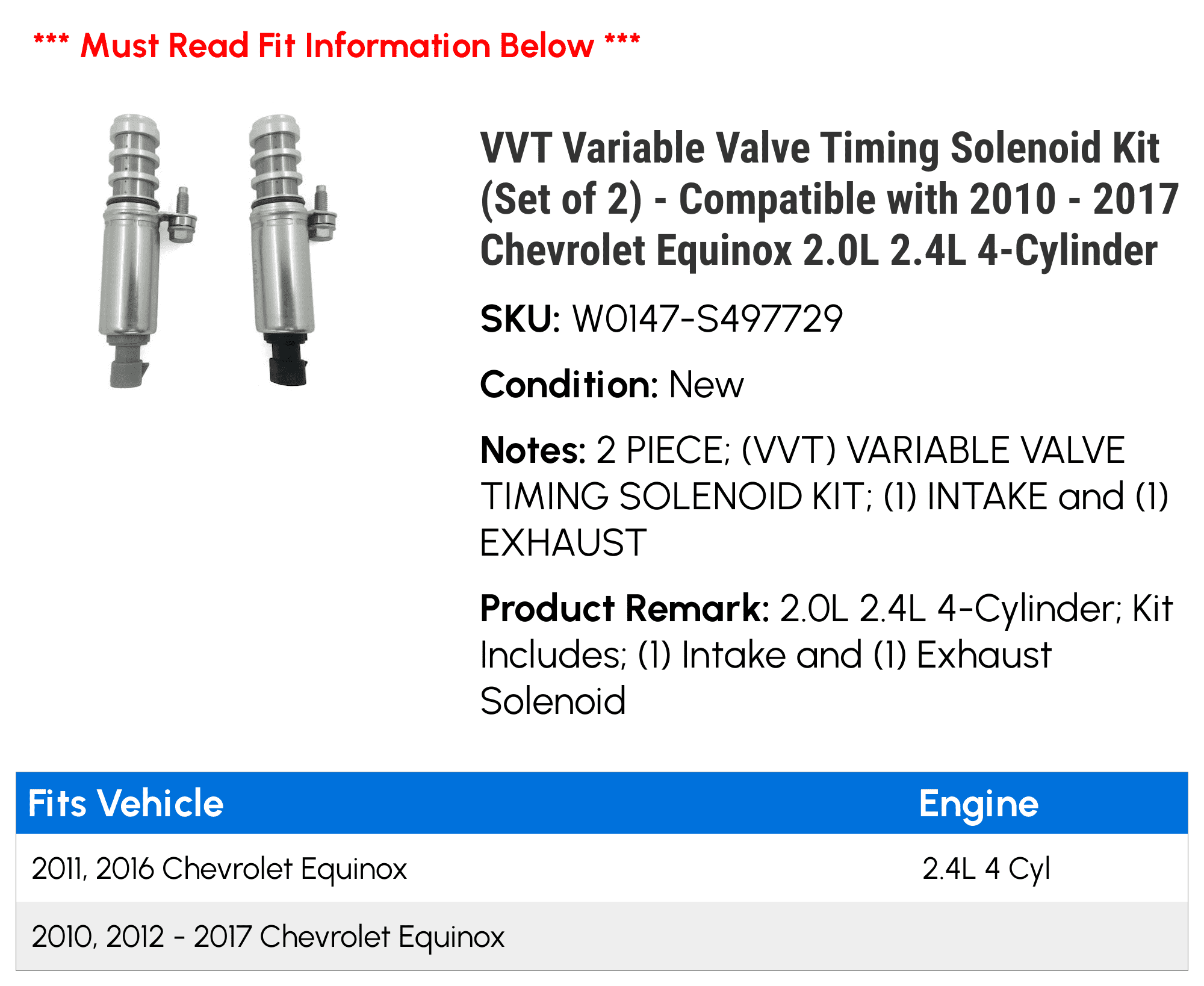 VVT Variable Valve Timing Solenoid Kit (Set of 2) - Compatible with 2010 - 2017 Chevy Equinox 2.0L 2.4L 4-Cylinder 2011 2012 2013 2014 2015 2016