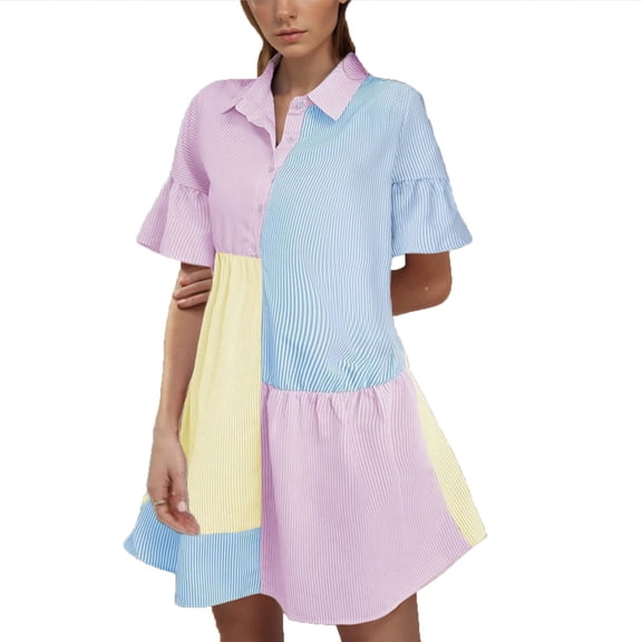 Summer Work Dresses for Women Summer Short Sleeve Button Down Business Shirt Dress Lightweight Loose Color Block A Line Office Dresses