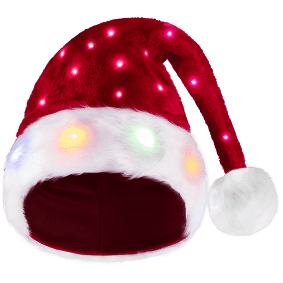 Joyfy Light Up Santa Hats Adult Christmas Hat Elf Xmas Party Hat Red Plush Hat for Adult Women Men
