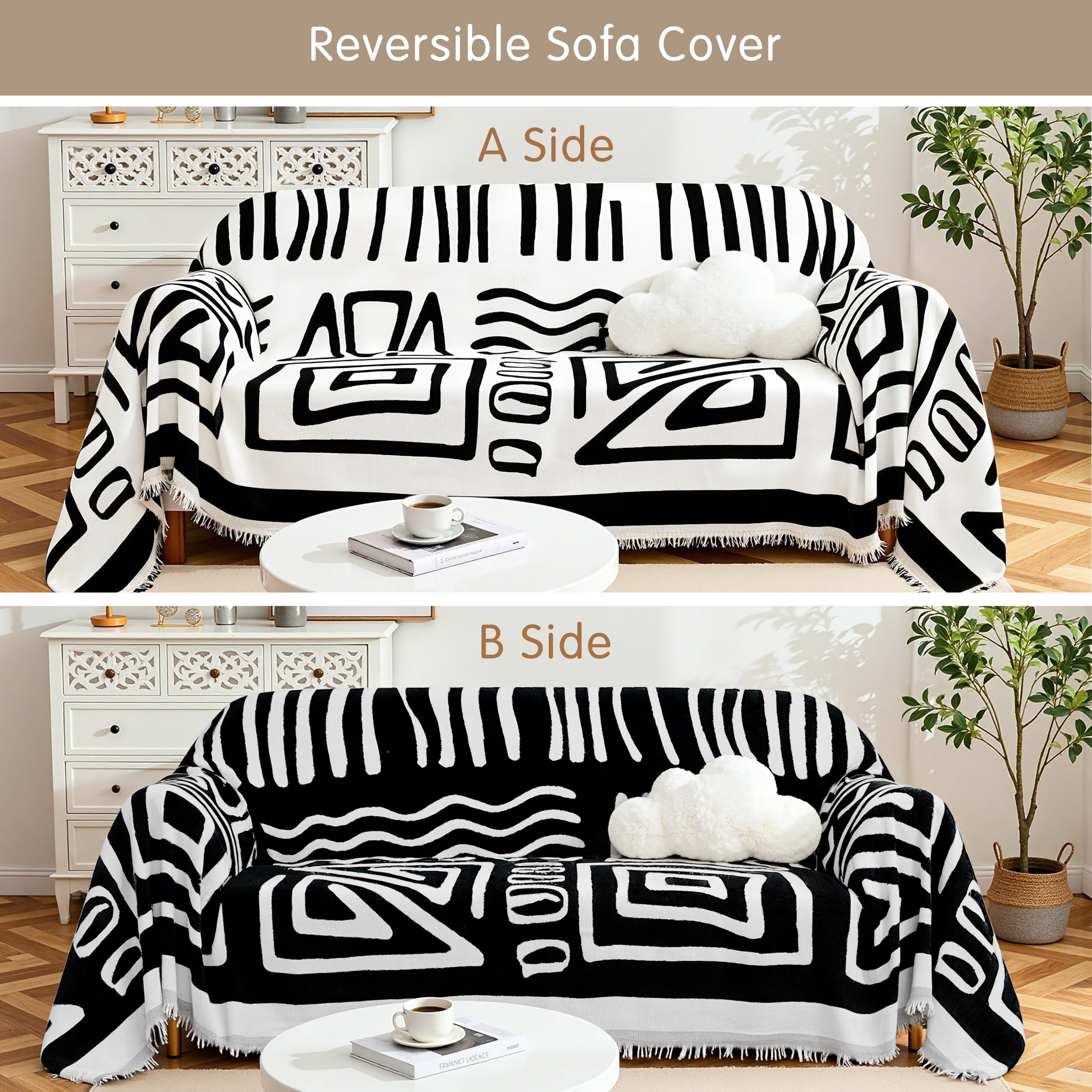 Dyfun Boho Reversible Sofa Cover - Pet-Proof Chenille Couch Protector & Decorative Throw for 3-Cushion Couches, 71"x134"