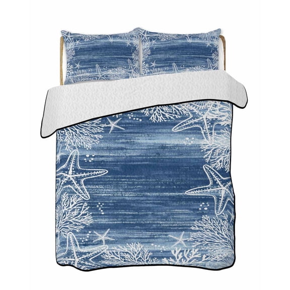Quilts Twin-XL Size Bedding Set, Blue Coastal Lightweight Quilted Comforter, Summer Ocean Sea Waves Starfish Corals Soft Reversible Bedspread Coverlet with Pillow Covers for All Season, 68" x 98"