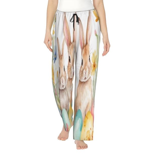 Fotbe Happy Easter Pantalones de Pijama para Mujer, Pantalones de Dormir, Pantalones Pj con Cordón y Bolsillos-Small