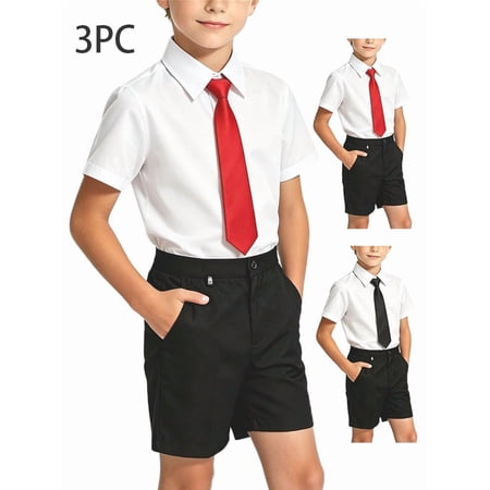 Zefriona Boys 3PC Formal Tie Sets Size 2-15 100%Cotton Short Sleeve Shirt with Tie Elegant Formal Style Wedding Party & School Events Size 11