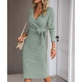 thumbnail image 3 of SWSMCLT Women's Sweater Dress Side Split Long Sleeve Bodycon Dresses Fall Midi Long Deep V Neck Fitted Spring Casual Elegant Green Large, 3 of 4