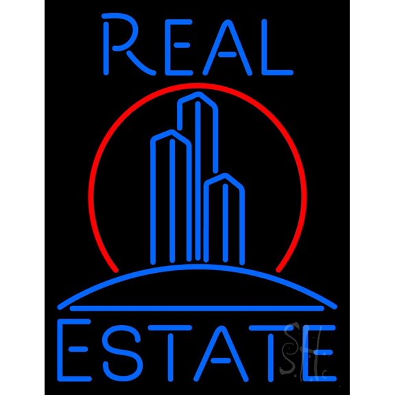Real Estate Building Logo LED Neon Sign 19 x 15 - inches, Black Square Cut Acrylic Backing, with Dimmer - Bright and Premium built indoor LED Neon Sign for office, and stroefront