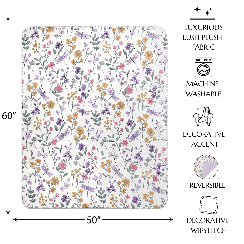 Bloom & Bunny Easter Printed Lush Plush Throw, Vida Floral Dragonfly Lilac, 50" x 60"