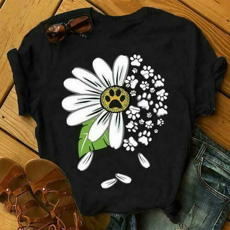 HAPIMO T-Shirts for Women Classic-Fit Daisy Graphic Print Tee Shirt Short  Sleeve Shirt Casual Loose Womens Summer Fashion Tops Crewneck Cozy Blouse  Discount Black XXL 