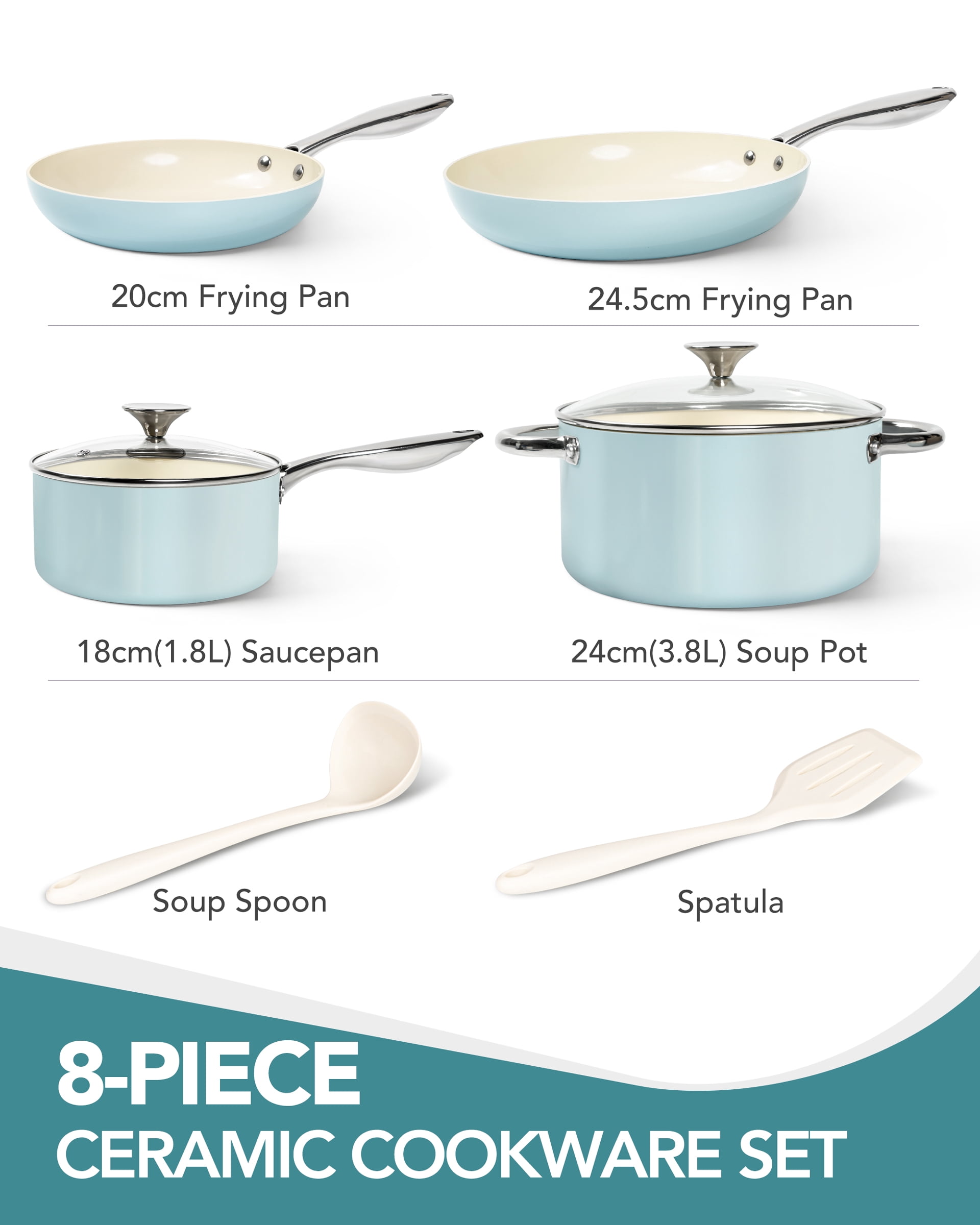 8-Pcs Nonstick Pots and Pans with Lid, Cookware Set, Blue