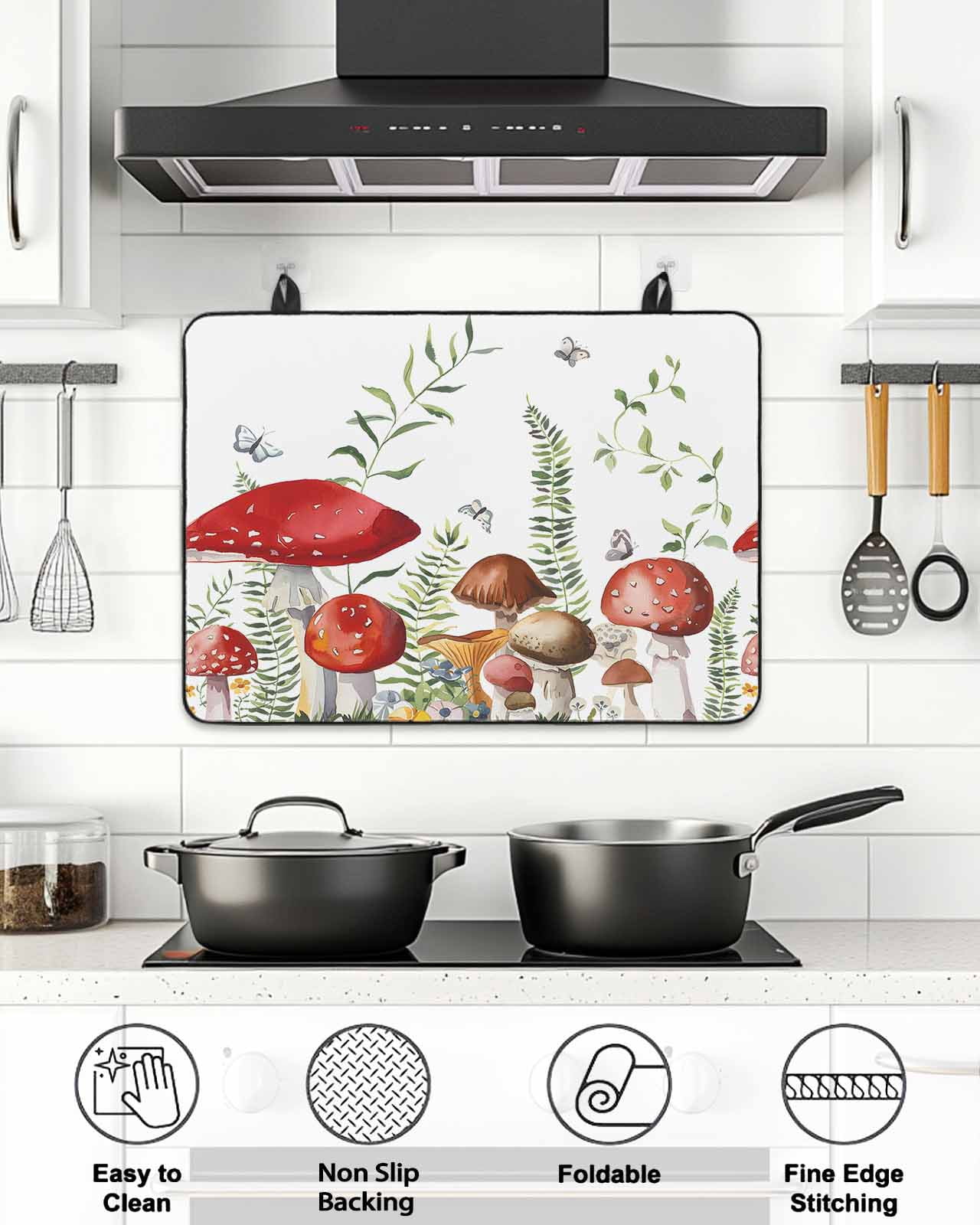 Stove Top Covers for Electric Stove, Mushrooms Eucalyptus Glass Stovetop Cover Protector, Sage Green Botanical Butterflies Induction Cooktop Protector Oven Mat for Kitchen Countertop 24"x21"