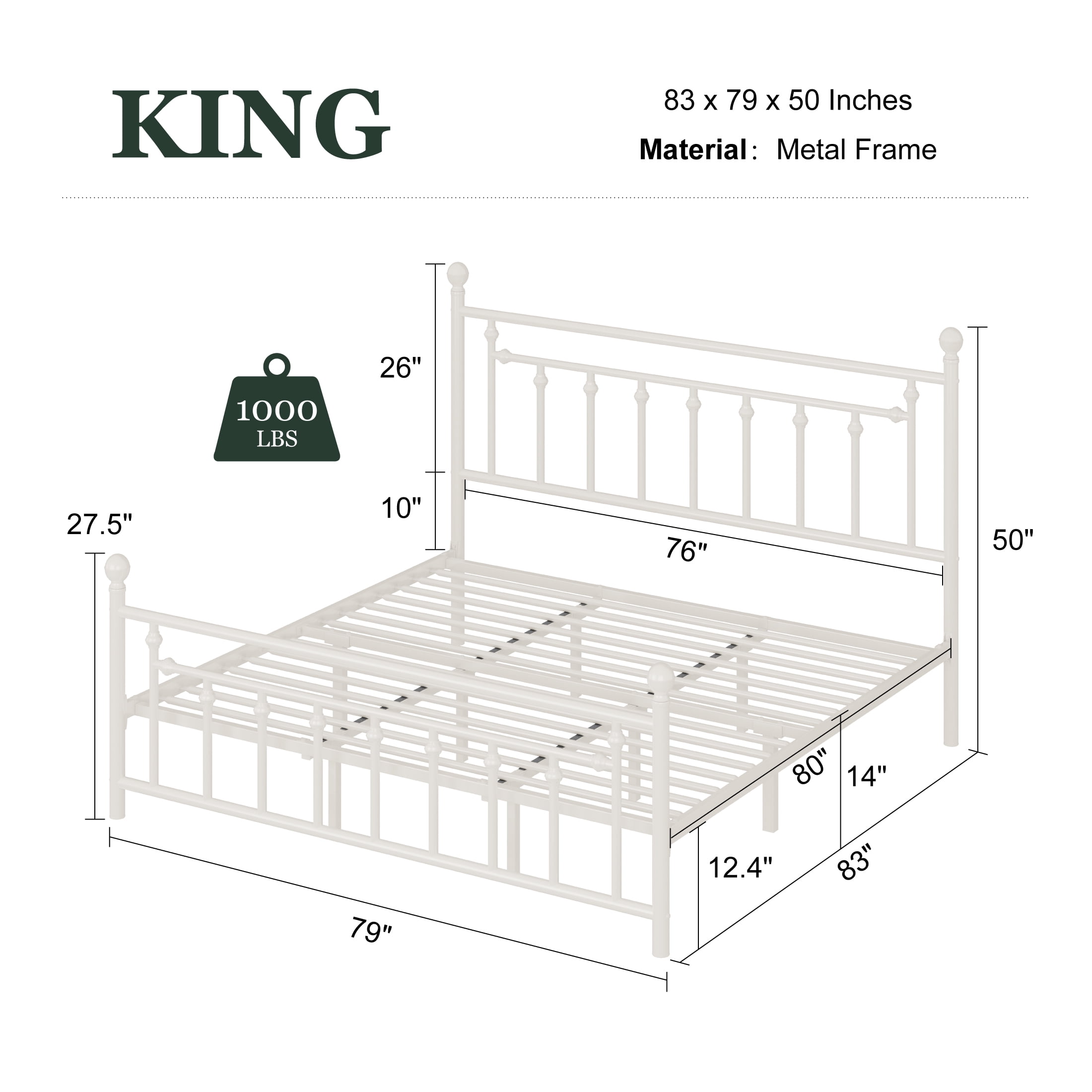 Amolife King Bed Frame, Metal Platform Bed with Vintage Headboard & No Box Spring Needed, White