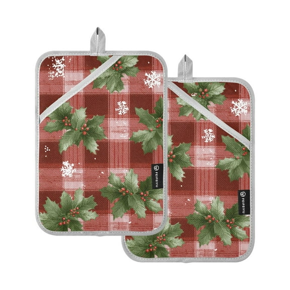 Holly with Berries Snowflake Christmas Red Plaids Potholders Heat Resistant Pot Holder Set of 2 Oven Hot Pads with Pocket