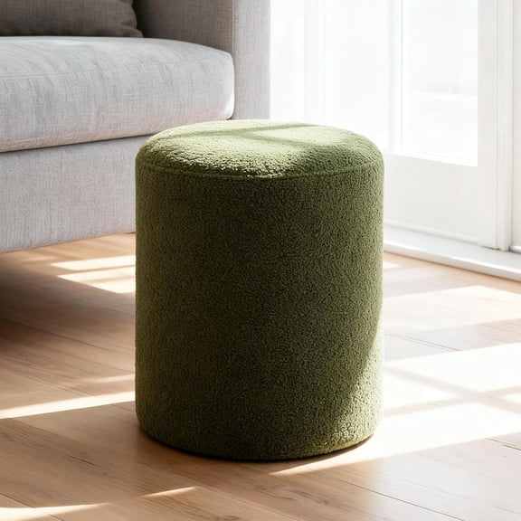 CHTER Modern Round Ottoman, Classic Foot Stool Ottoman, Teddy Fleece Upholstered Vanity Stool for Makeup, Bedroom, Living Room, Dark Green