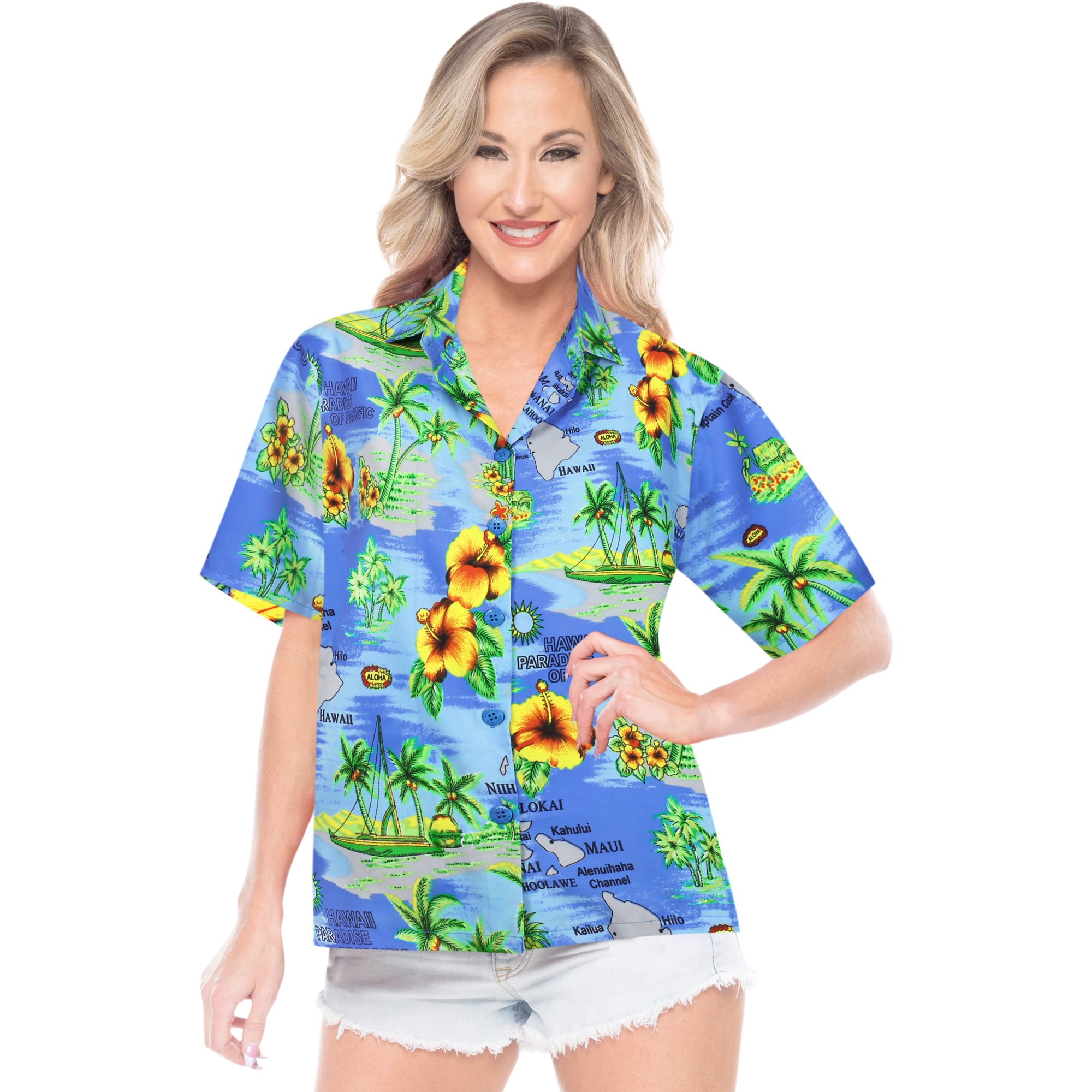 HAPPY BAY Women's Swim Hawaiian Shirt Blouse Tops Short Sleeve