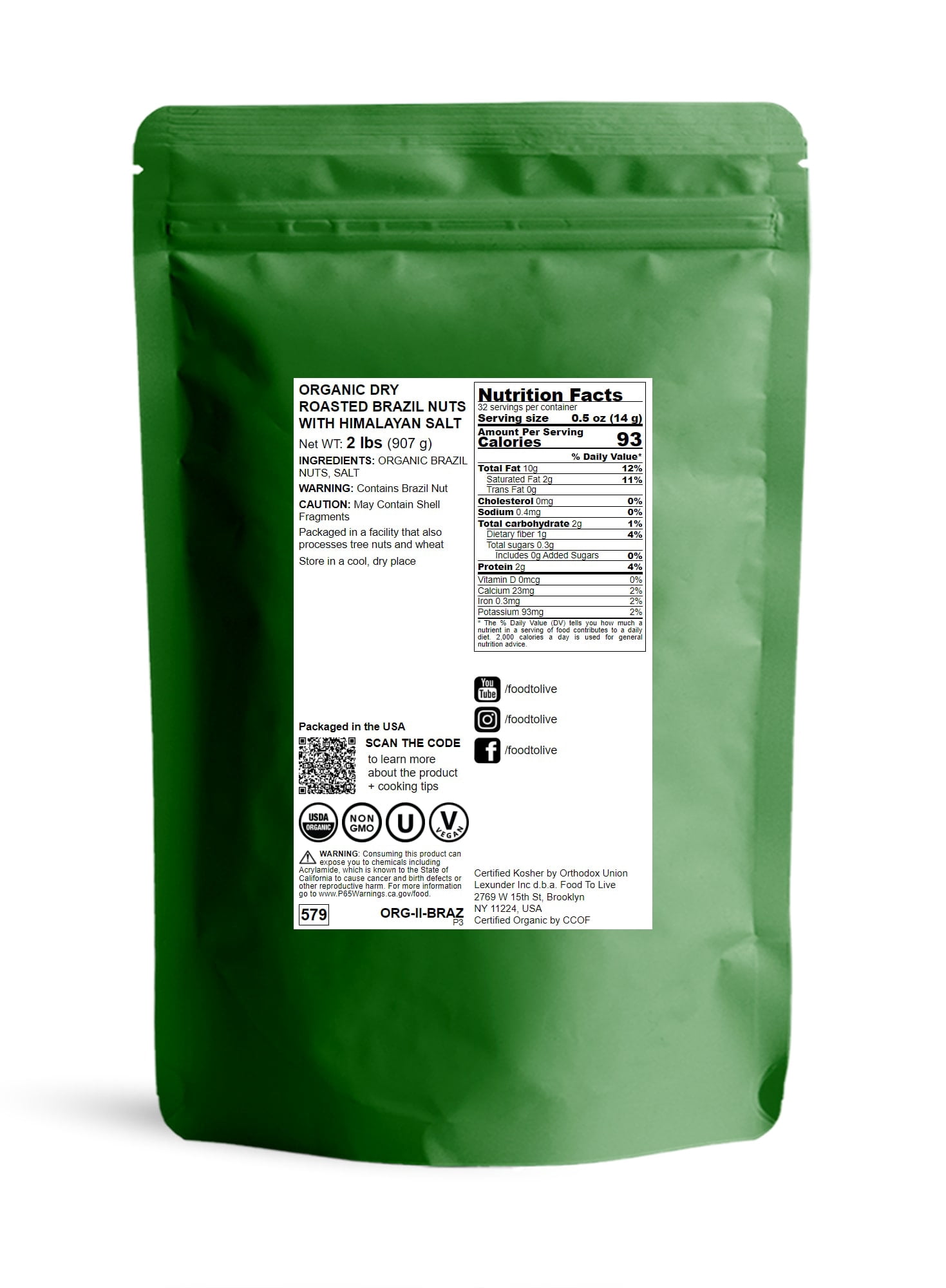 Organic Dry Roasted Brazil Nuts with Himalayan Salt, 2 Pounds — Non-GMO, Kosher, Vegan — by Food to Live