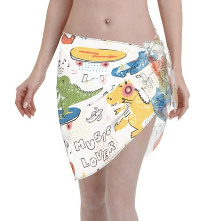Adobk Women Beach Sarong Bathing Suit Dinosaur Listening To Music Print Wrap Skirt Sheer Bikini Swimsuit Cover Ups For Swimwear